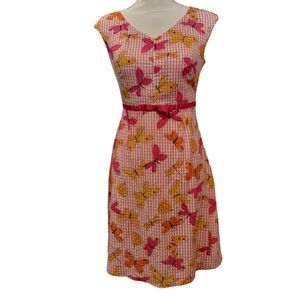 Sangria Pink Gingham Dress Dragon Flies Butterflies Bow at Waist 8P